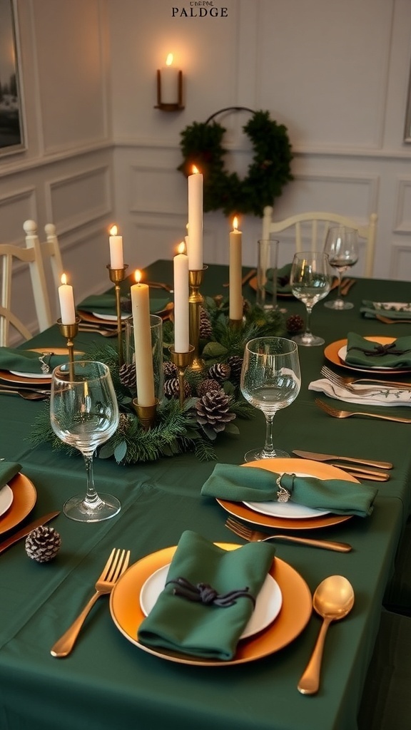 Elegant Christmas table setting with dark green decorations, candles, and festive accents.